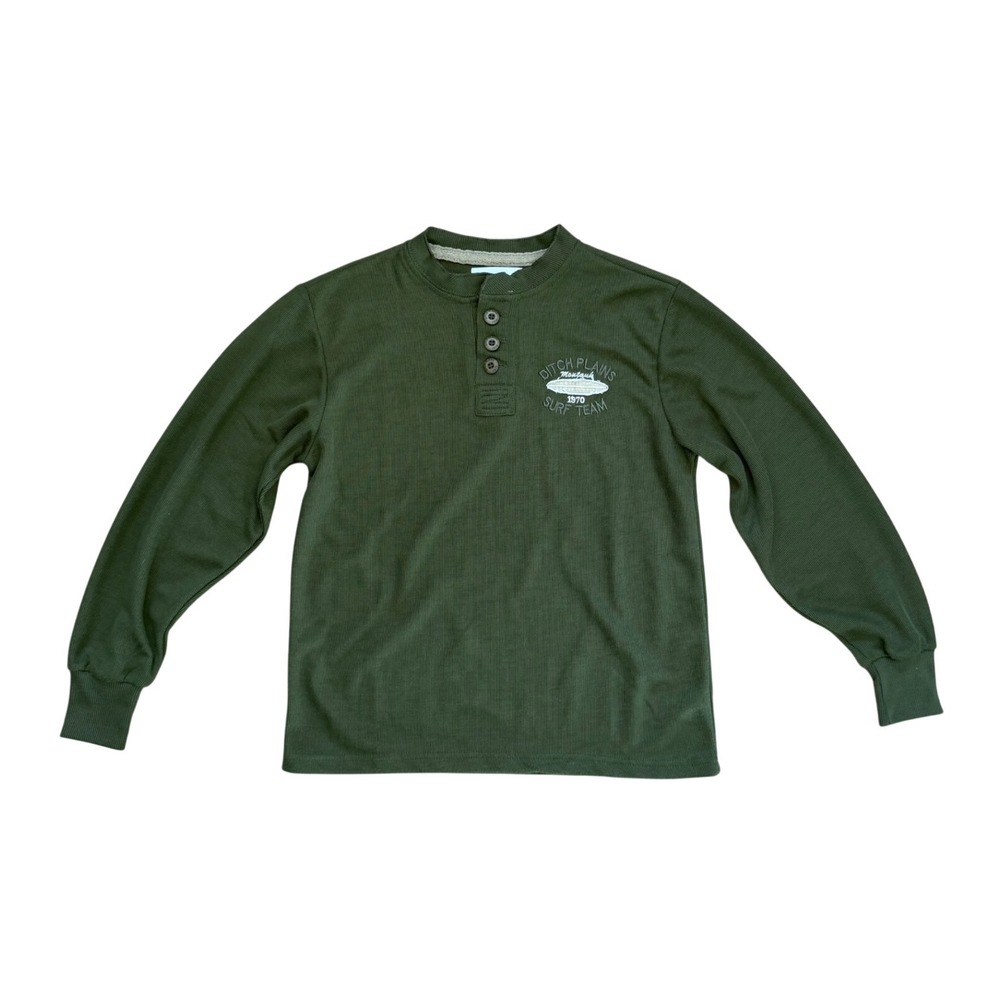Y2k Mens Olive Green Henley Montauk Surf Team Graphic M grunge skate vtg